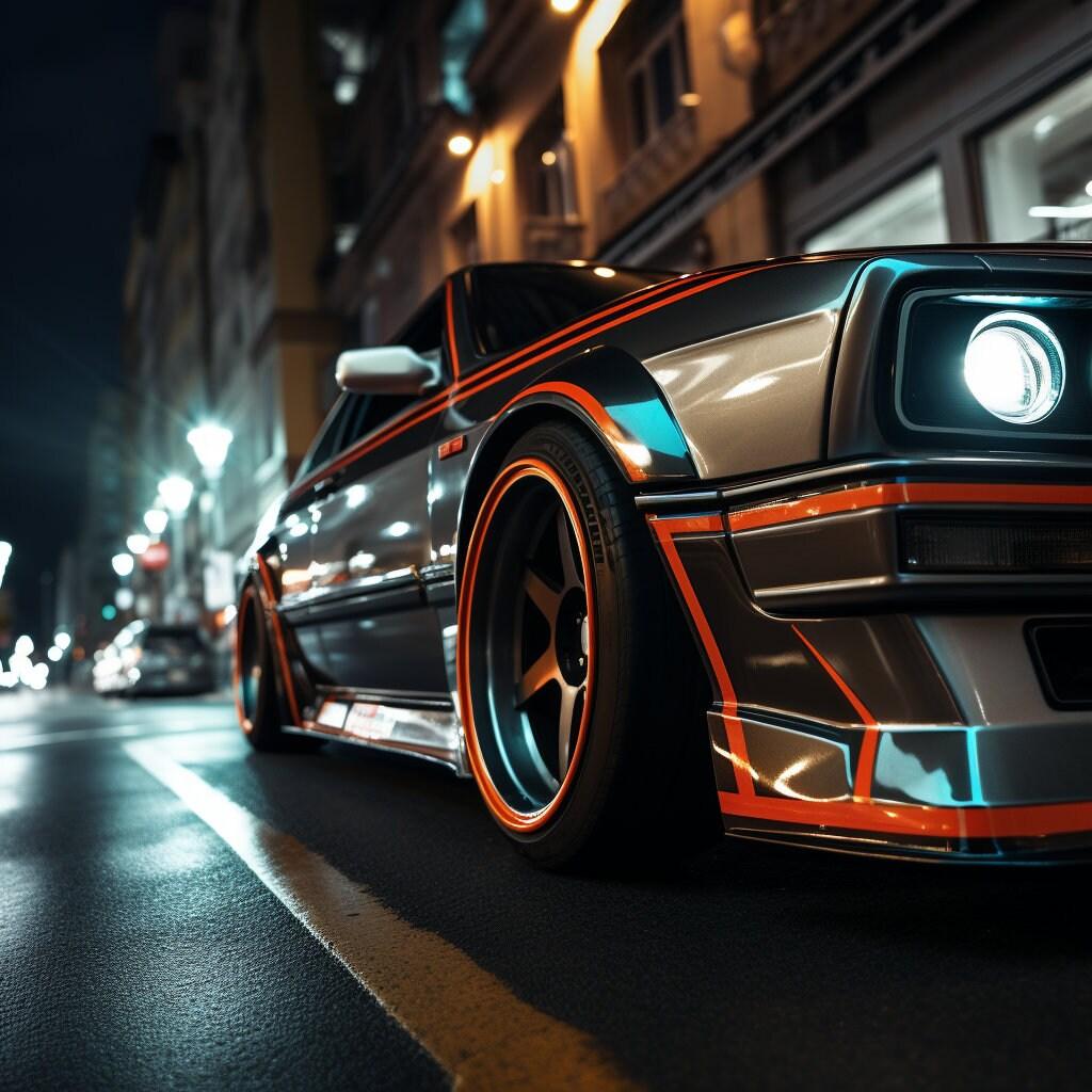 Sleek car with geometric vinyl thin line stickers illuminated at night on a city street.