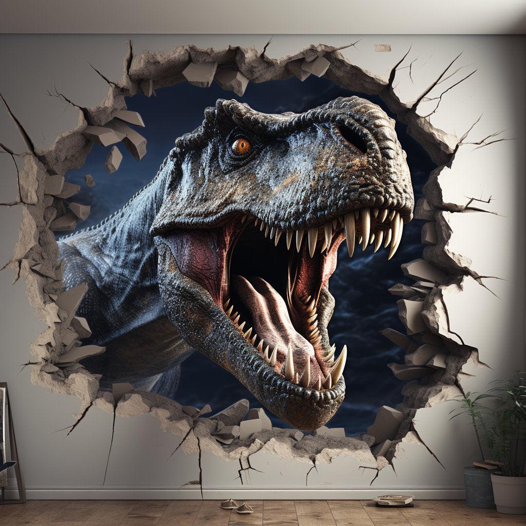 3D vinyl wall sticker of a roaring T-Rex dinosaur breaking through a wall, creating a stunning decorative illusion.