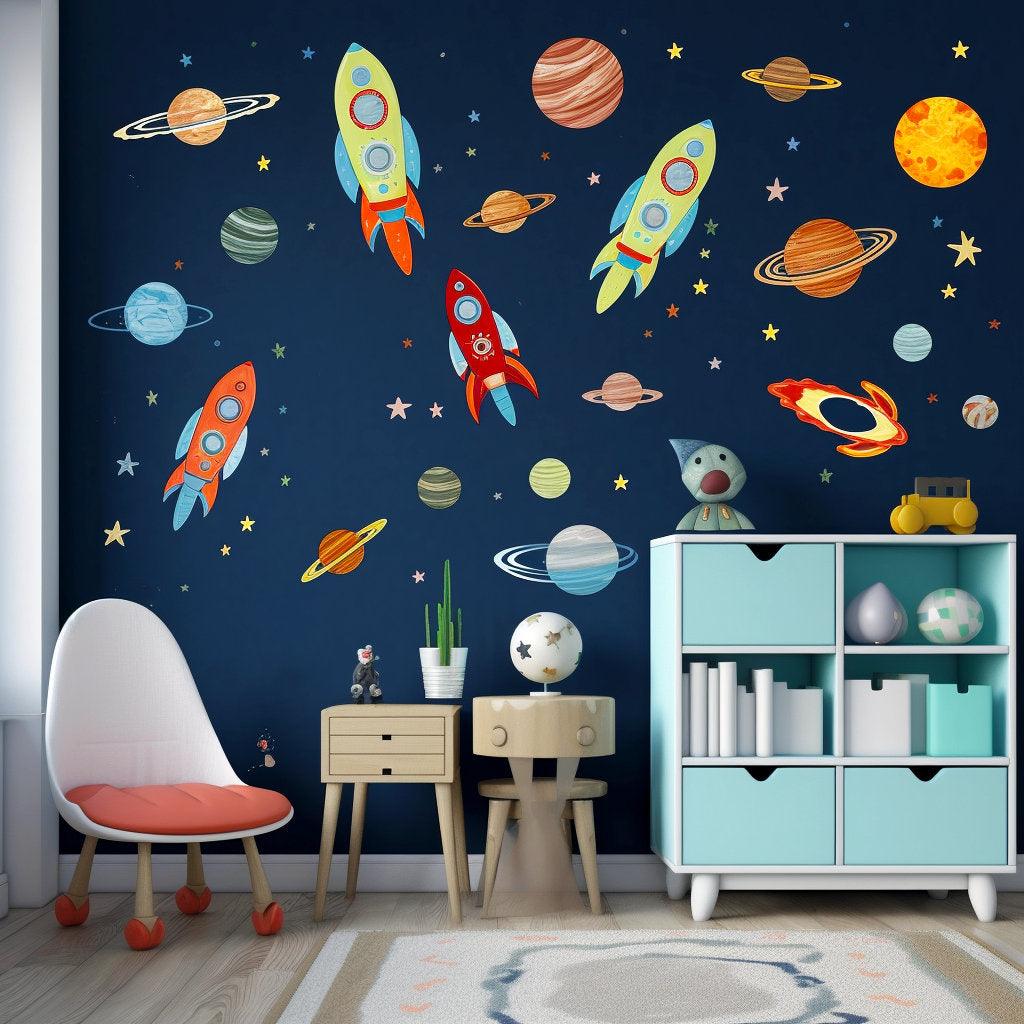 Colorful outer space wall decals featuring rockets and planets in a child's room, perfect for a galactic theme.