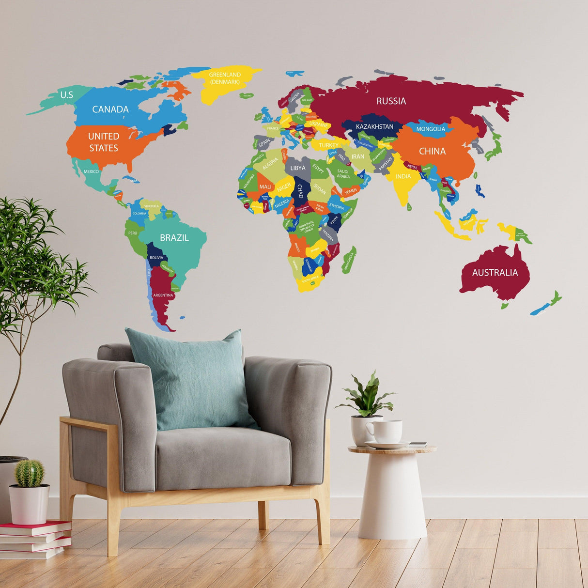 Large world map wall decal featuring country names in vibrant colors, ideal for travel lovers and home decor.