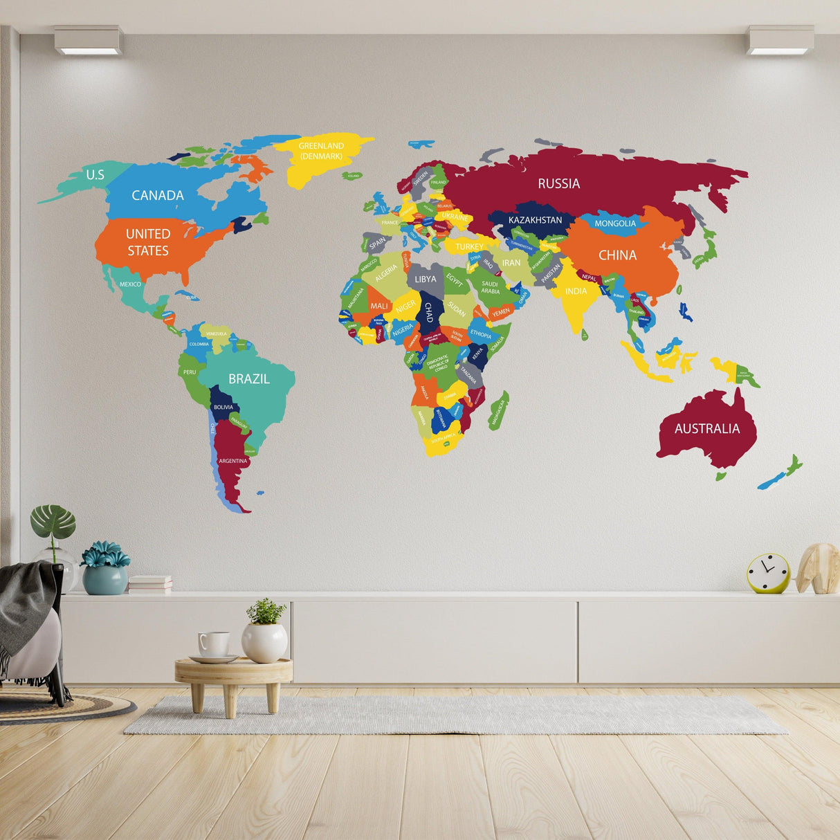 Large world map wall decal featuring colorful countries and names, perfect for travel enthusiasts.