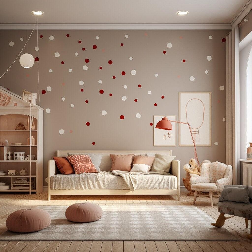 Cozy room featuring white and red round dot stickers on the wall, enhancing decor and ambiance.