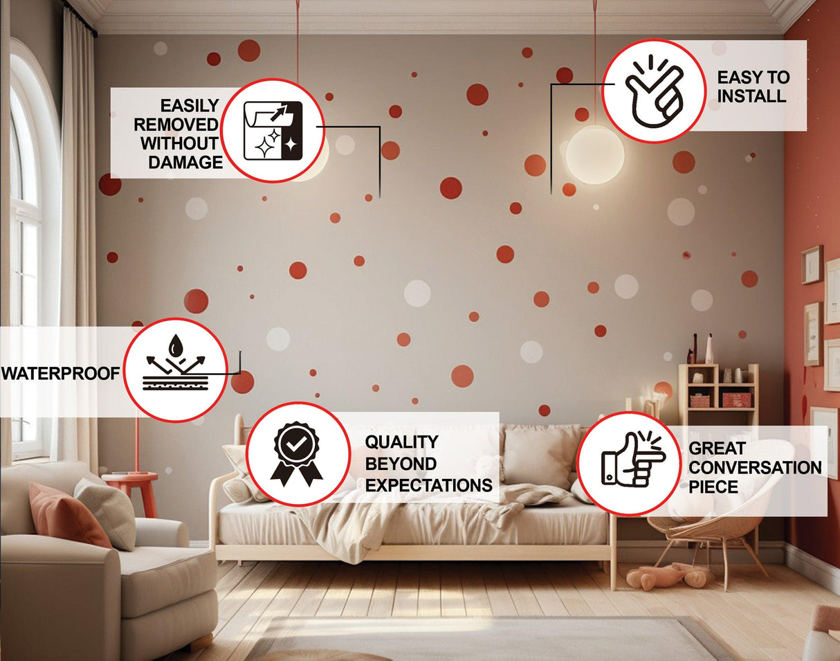 Living room featuring white and red round dot wall decor with highlighted benefits of easy installation and removability.