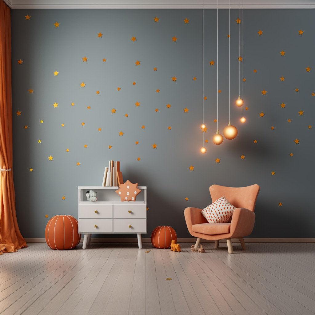Elegant orange star decals on a gray wall in a cozy living room with modern furniture and soft lighting.
