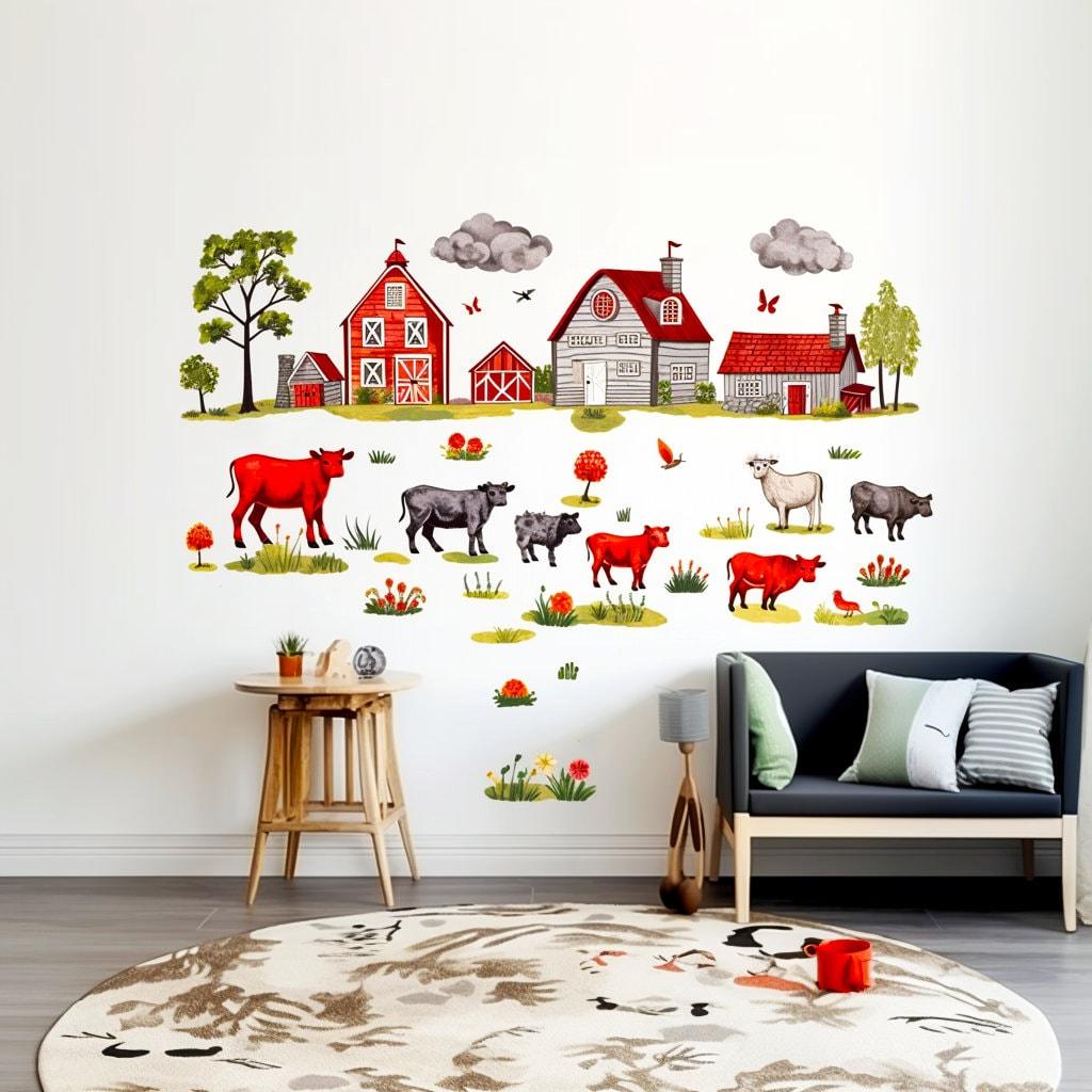 Farm theme wall stickers featuring watercolor animals, barns, and greenery for children's room decor.