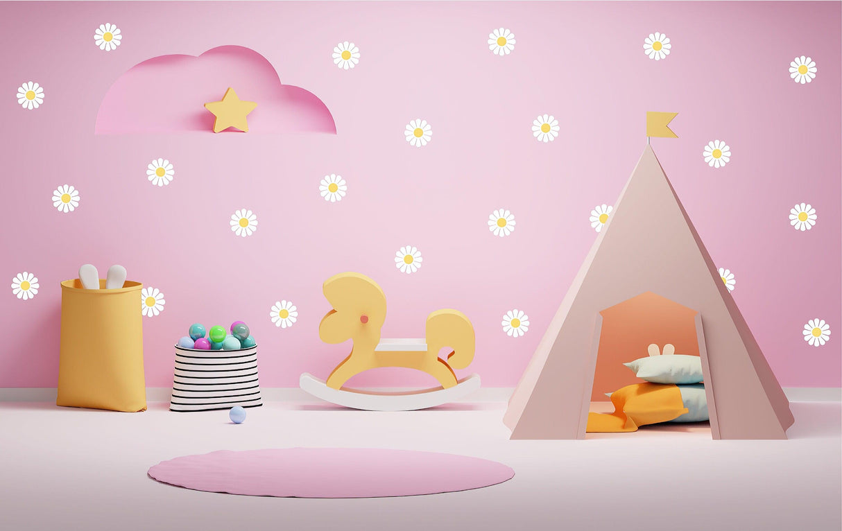 Colorful kids room with pink wall and daisy flower decals, featuring a tent and rocking duck for playful decor.