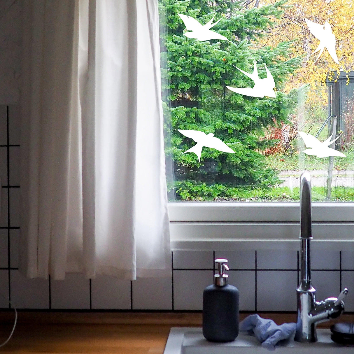 Anti-collision bird stickers on a window, protecting birds and enhancing home decor.