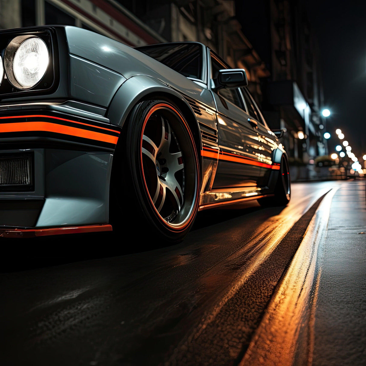 Car with geometric vinyl thin line stickers parked at night, showcasing modern design and stylish appearance.