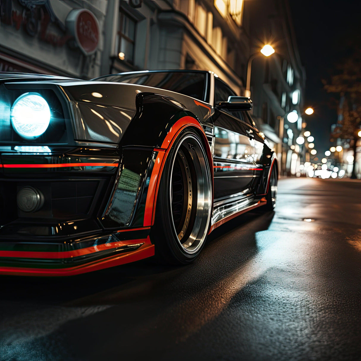 Close-up of a modified car showcasing stylish body lines and glowing headlights on a city street at night.