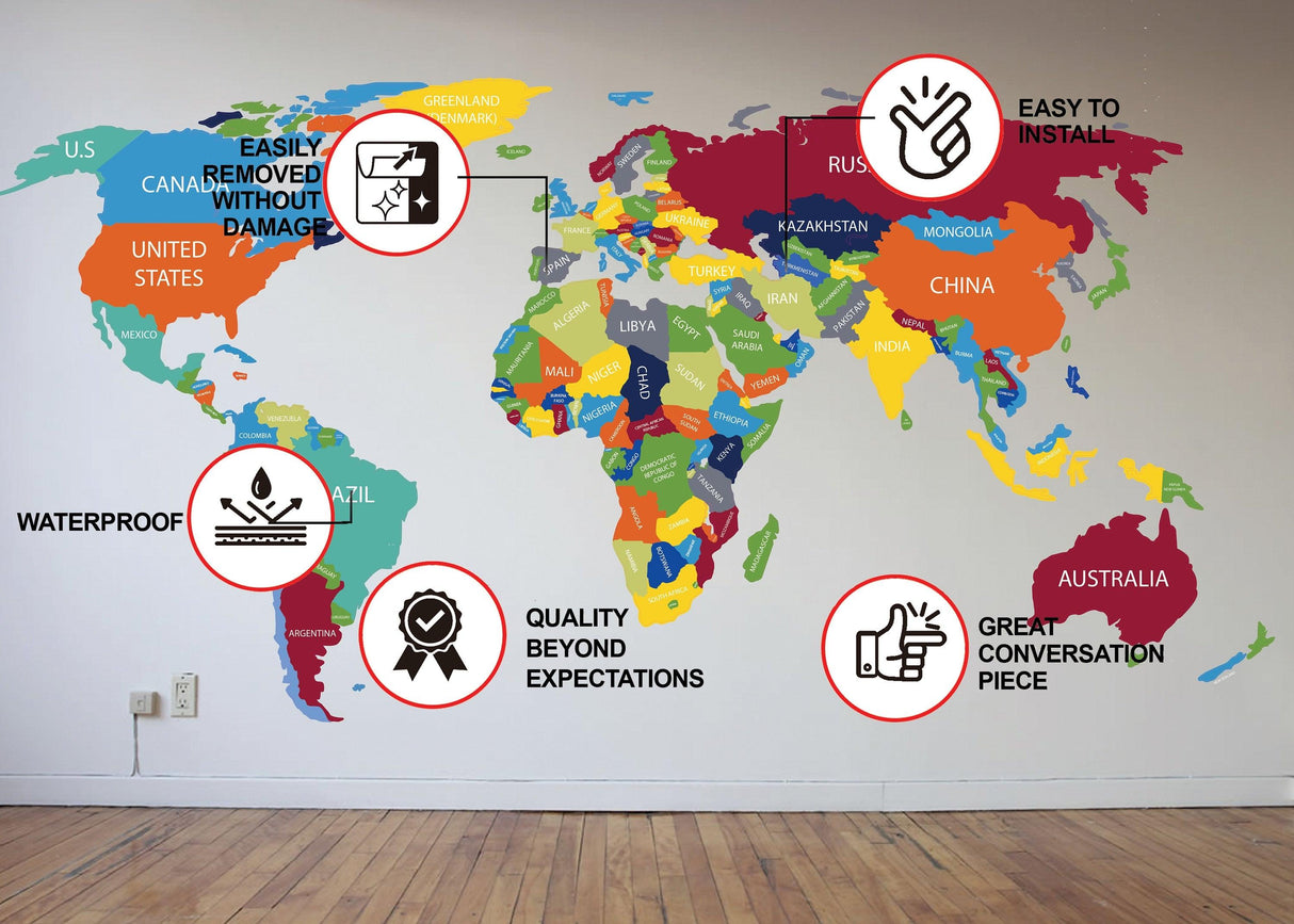 Colorful world map vinyl wall decal with features highlighted: easy to install, waterproof, and a conversation piece.
