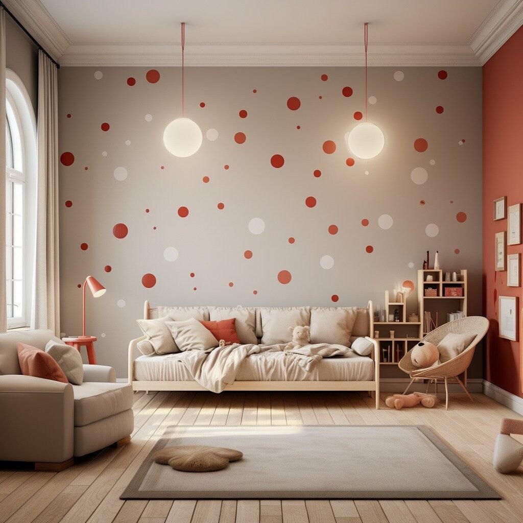 Stylish living room featuring white and red round dot wall decor with a cozy sofa and soft lighting.