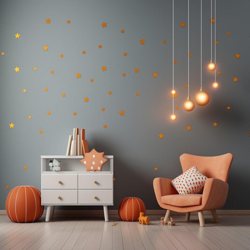 Stylish room featuring gold star wall stickers, orange accents, and modern decor for a magical atmosphere.
