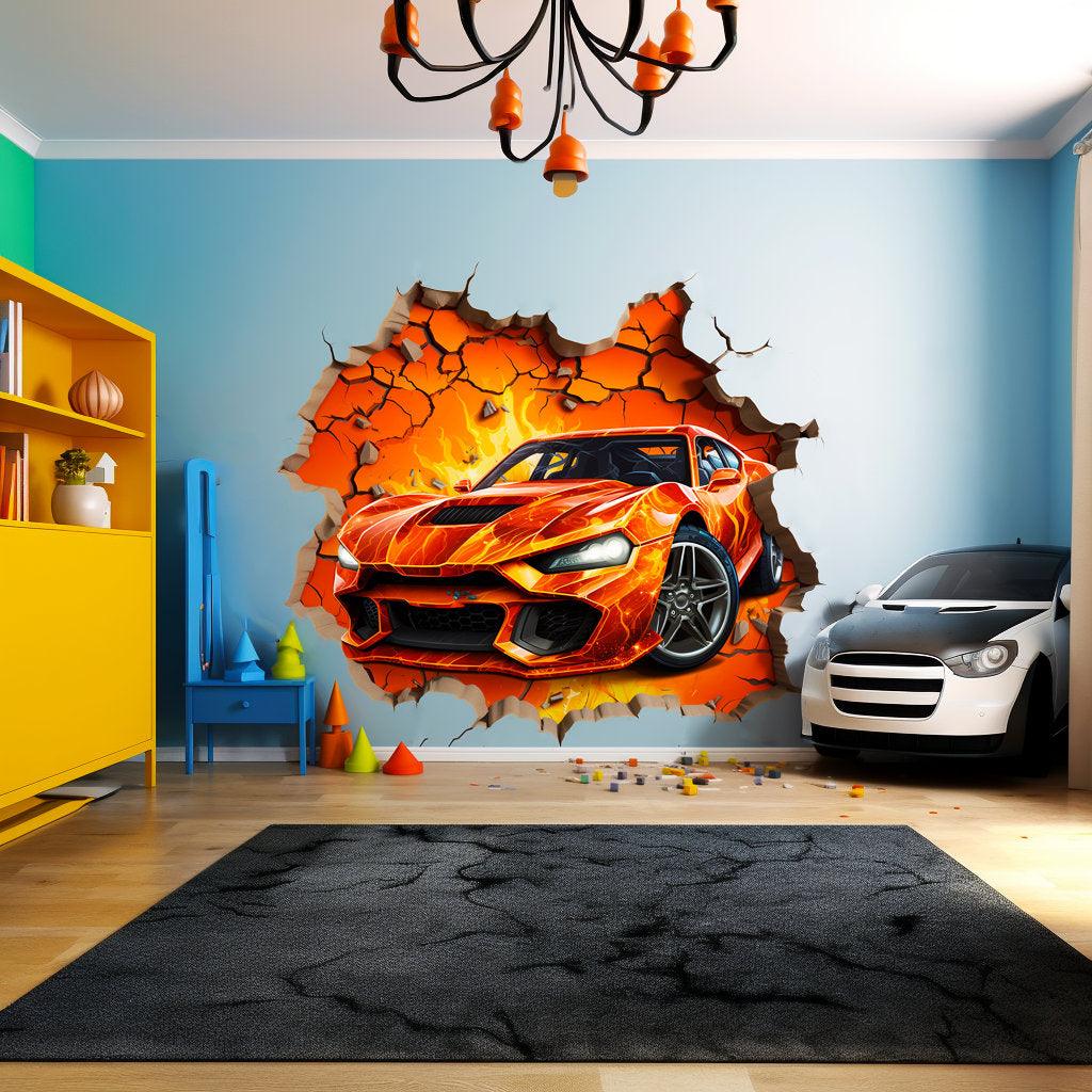 3D Fire Car wall sticker in boys bedroom, with a dynamic sports car mural bursting through a wall.