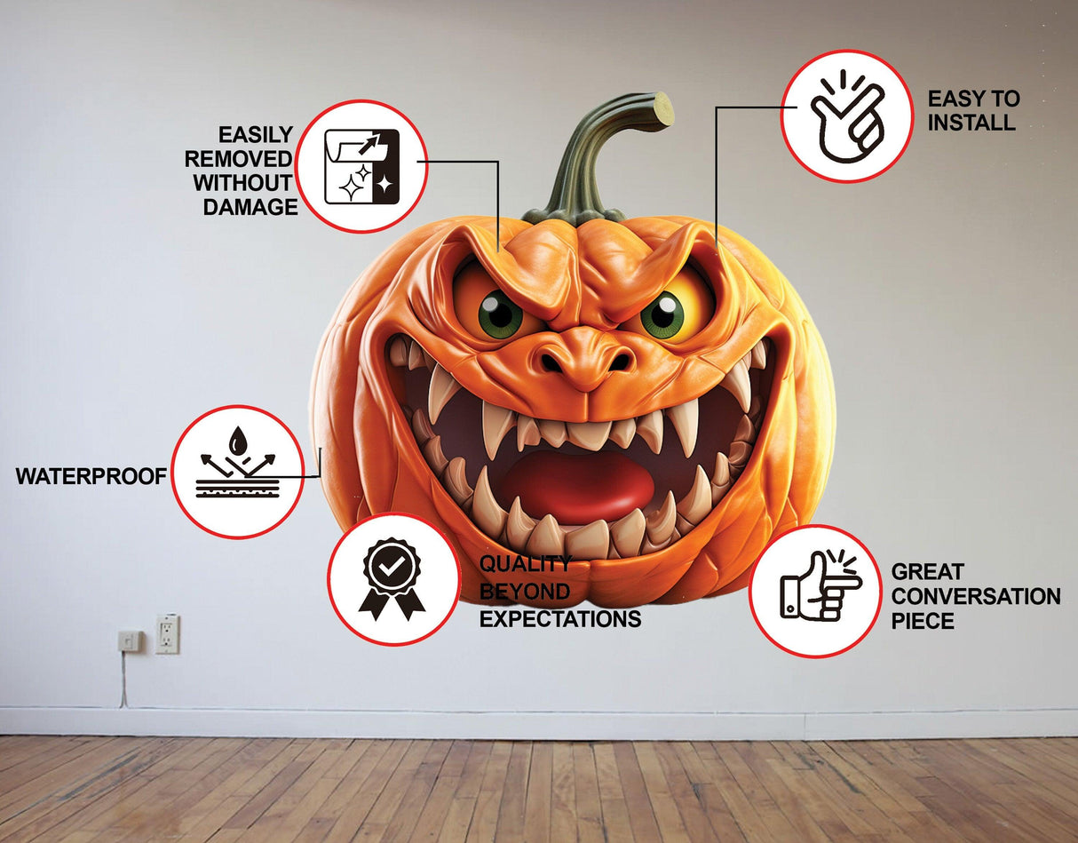 3D Evil Laughing Pumpkin Decal on wall with installation features and benefits highlighted for Halloween decor.