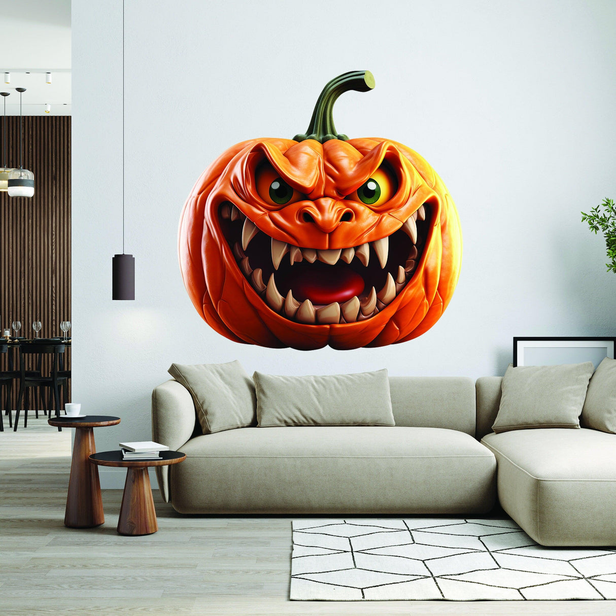 3D Evil Laughing Pumpkin Decal on wall, a spooky vinyl wall sticker for Halloween decor.