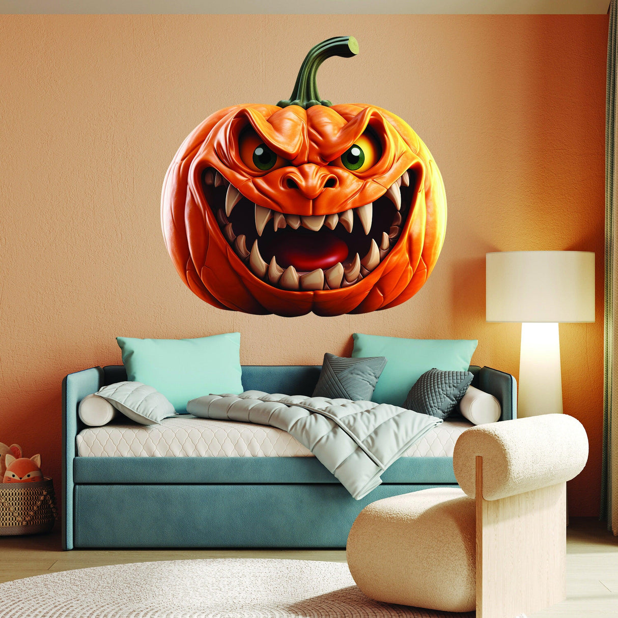 3D evil laughing pumpkin decal on wall above a couch, perfect for Halloween decor, featuring a spooky design.