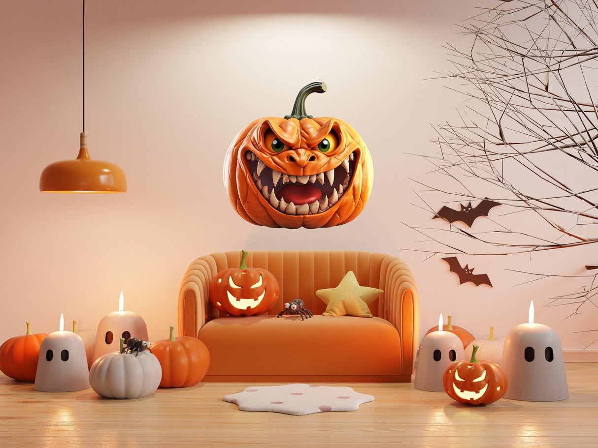 3D Evil Laughing Pumpkin Decal on wall above cozy Halloween-themed living room with pumpkins and spooky decor.