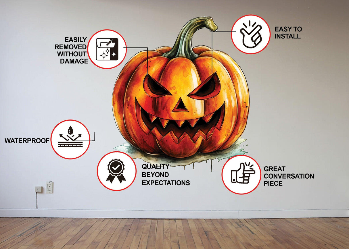 Laughing Pumpkin Decal on wall showcasing installation benefits, waterproof quality, and removable features for Halloween decor.