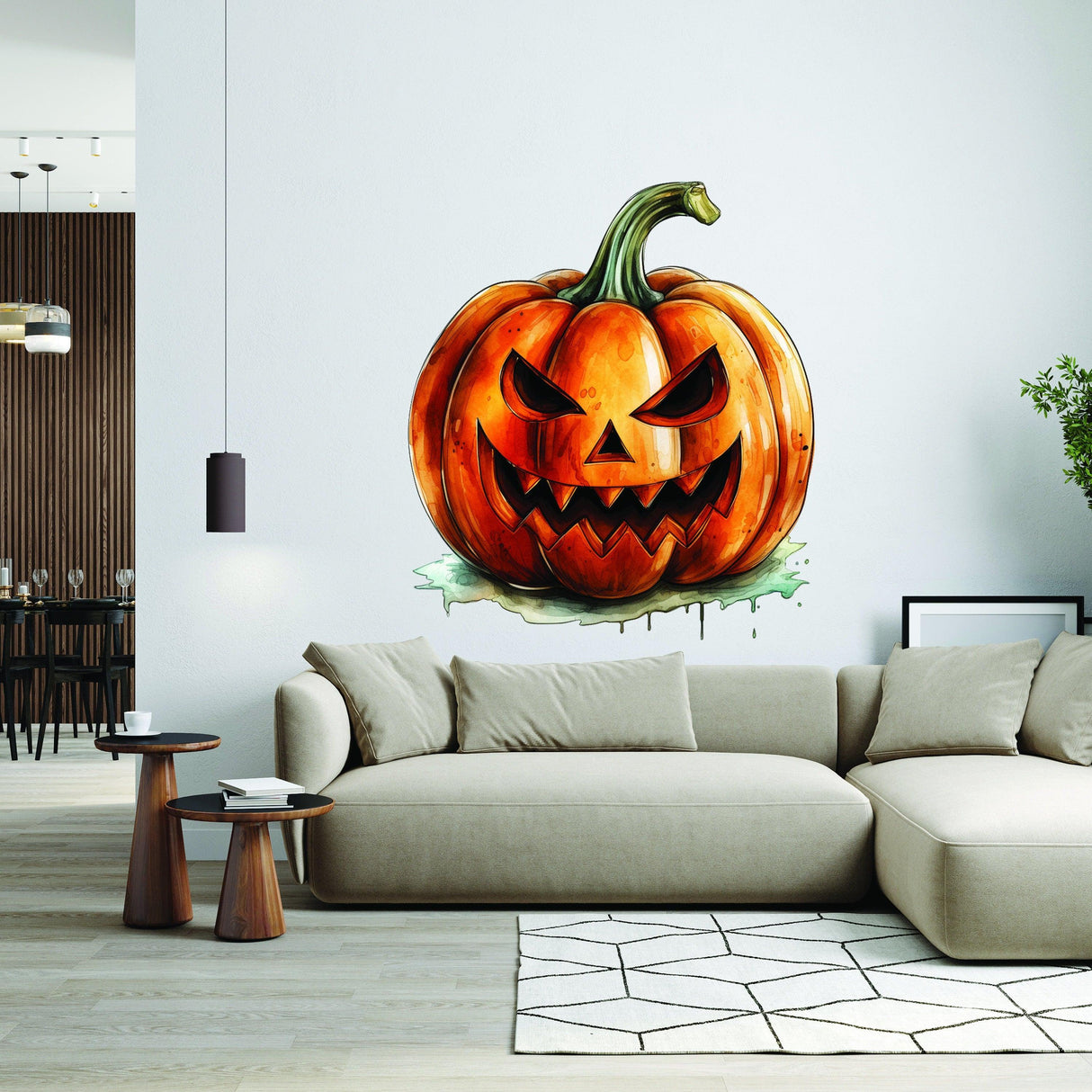 Laughing pumpkin decal on wall, perfect for Halloween decor with a scary evil face design.