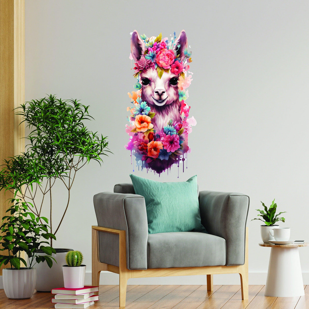 Colorful alpaca wall decal adorned with flowers, perfect for kids' room decor.