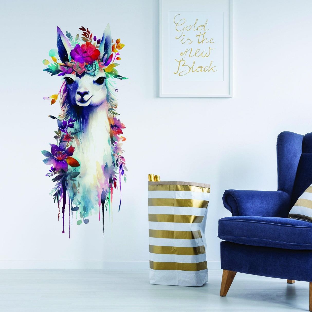 Watercolor llama wall decal with floral design in a stylish girl's room, featuring bright colors and a cozy chair.