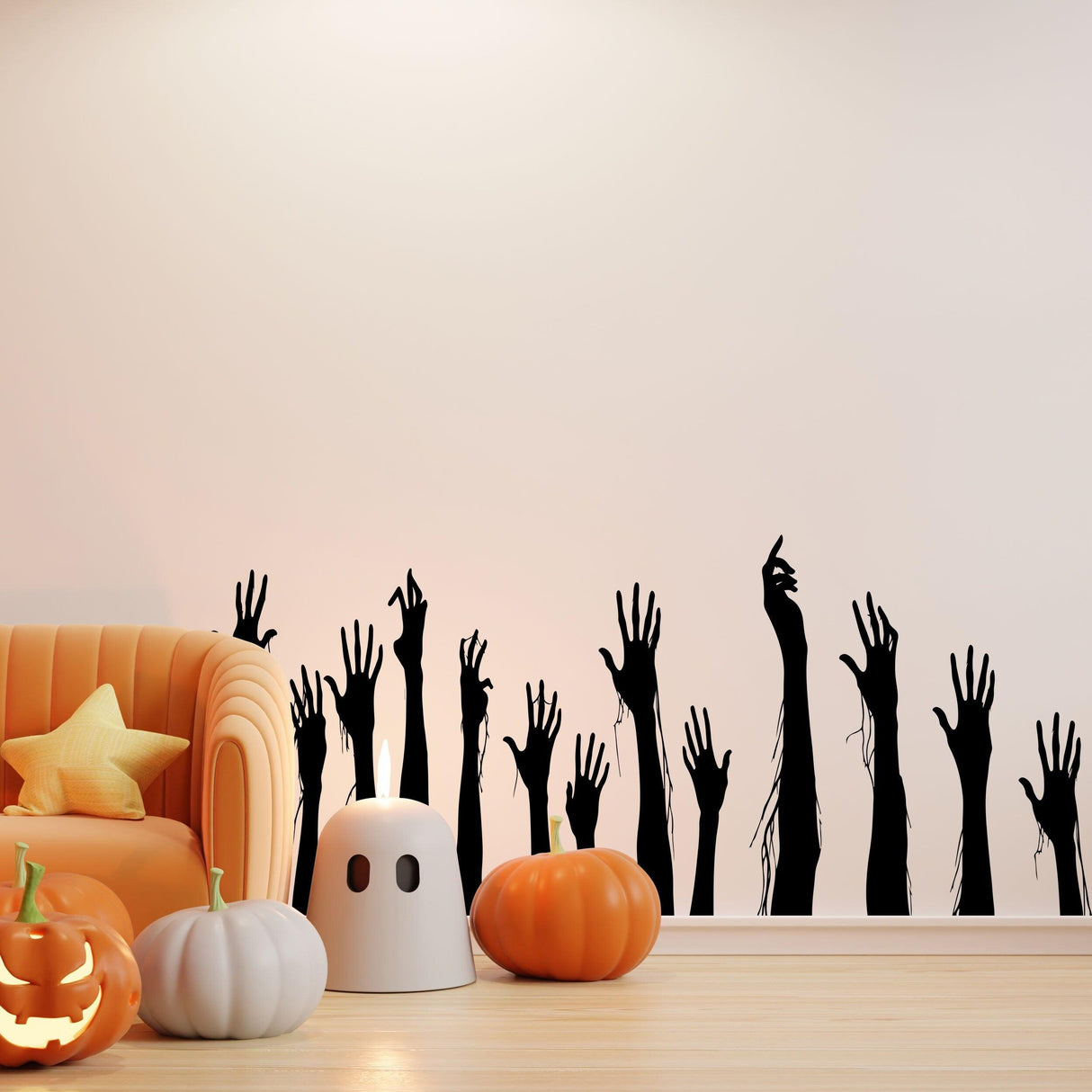 Spooky Halloween decor featuring black zombie hands on a wall, with pumpkins and a cozy armchair for a festive atmosphere.