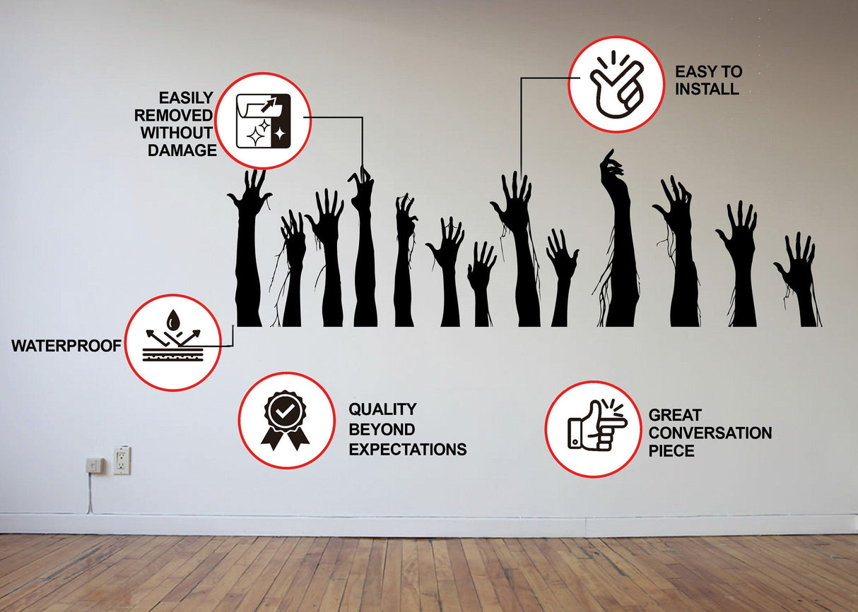 Funny Halloween decals featuring zombie hands on a wall, highlighting installation, waterproof, and quality features.