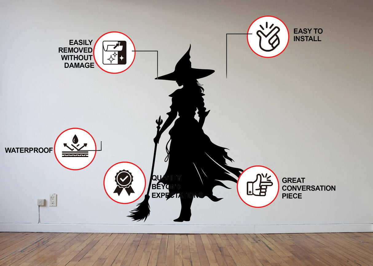 Wicked Witch Silhouette Window Decal with installation tips and features like waterproof and easy removal.