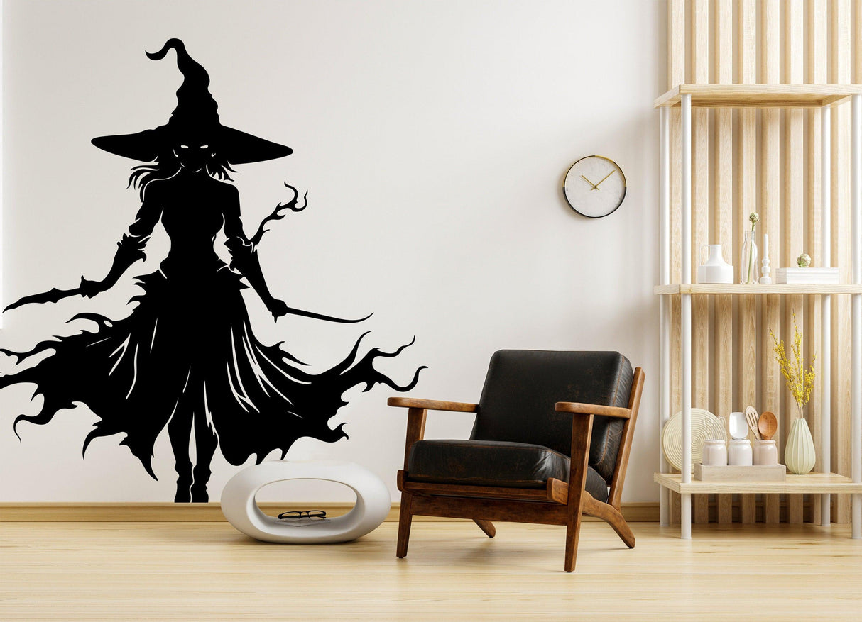 Knife-Wielding Warrior Witch Decal on wall in modern living room with stylish chair.