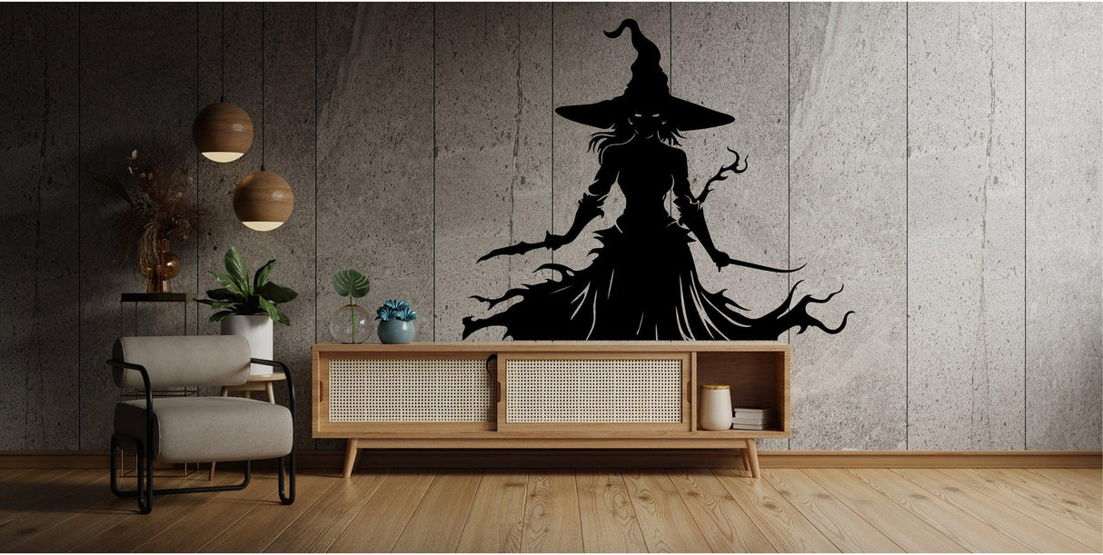 Knife-wielding warrior witch decal on a wall above a stylish wooden cabinet in a modern interior.