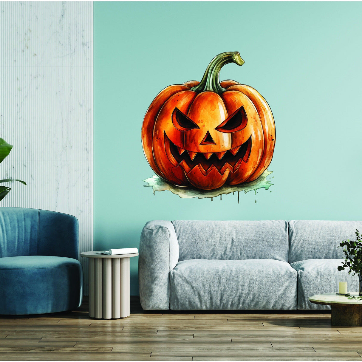Creepy smiling jack-o-lantern wall decal on teal wall, perfect for Halloween decor.