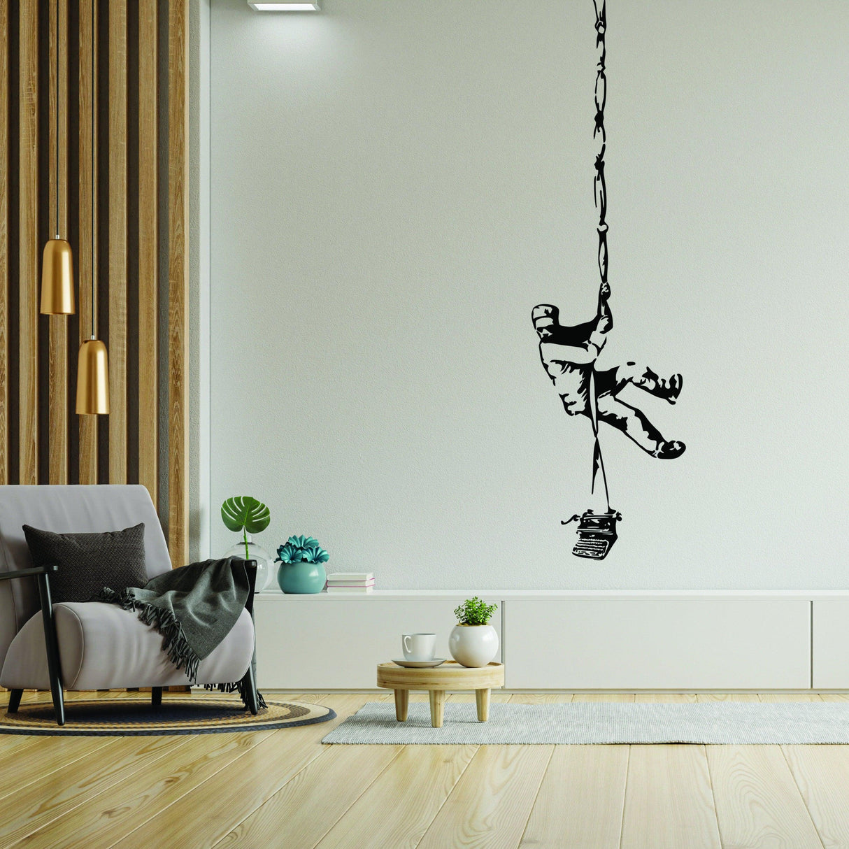 Banksy-inspired Prisoner Escape wall decal in modern living room setting, featuring street art vibe.