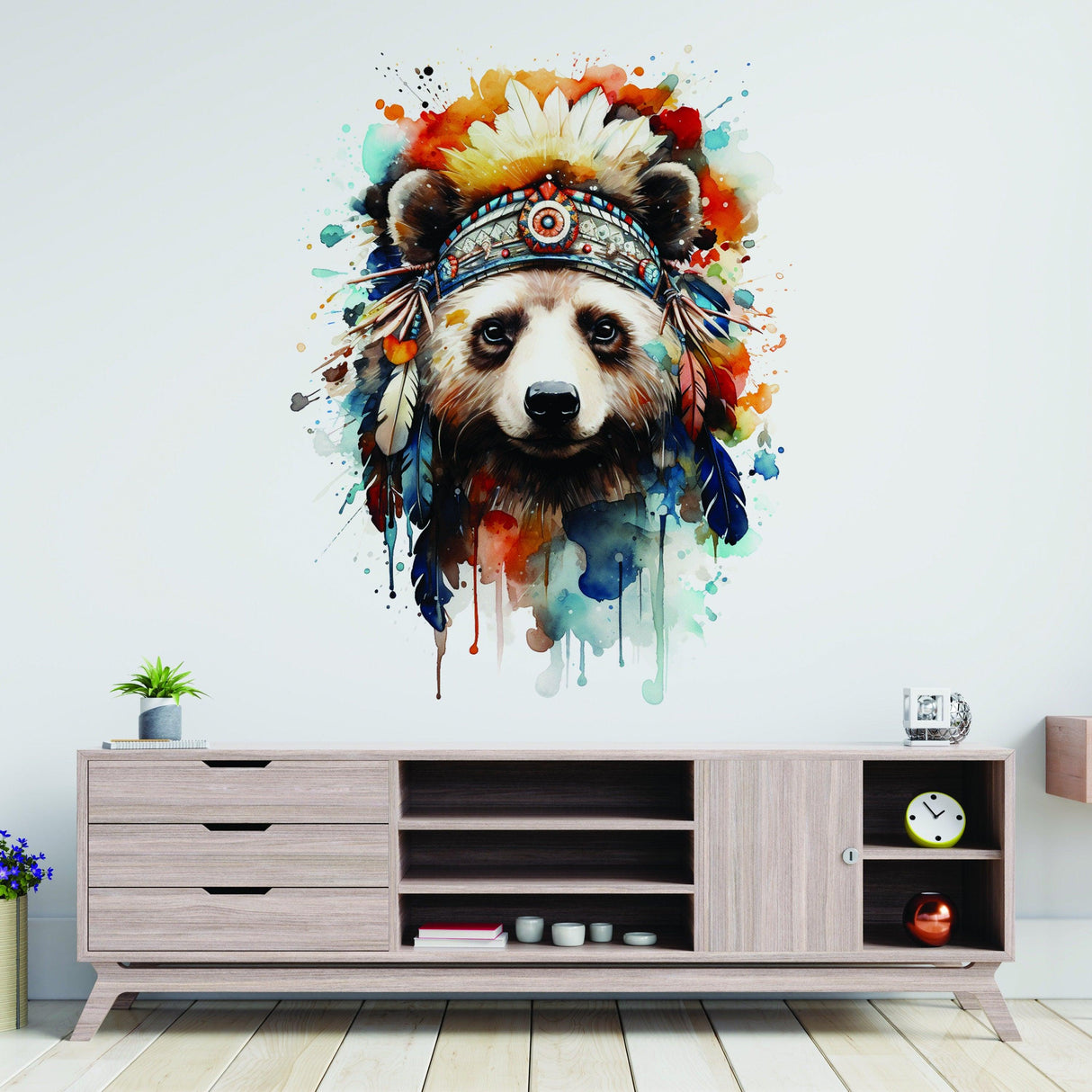 Watercolor baby panda wall decal wearing Indian feather hat, ideal for kids' room safari decor.