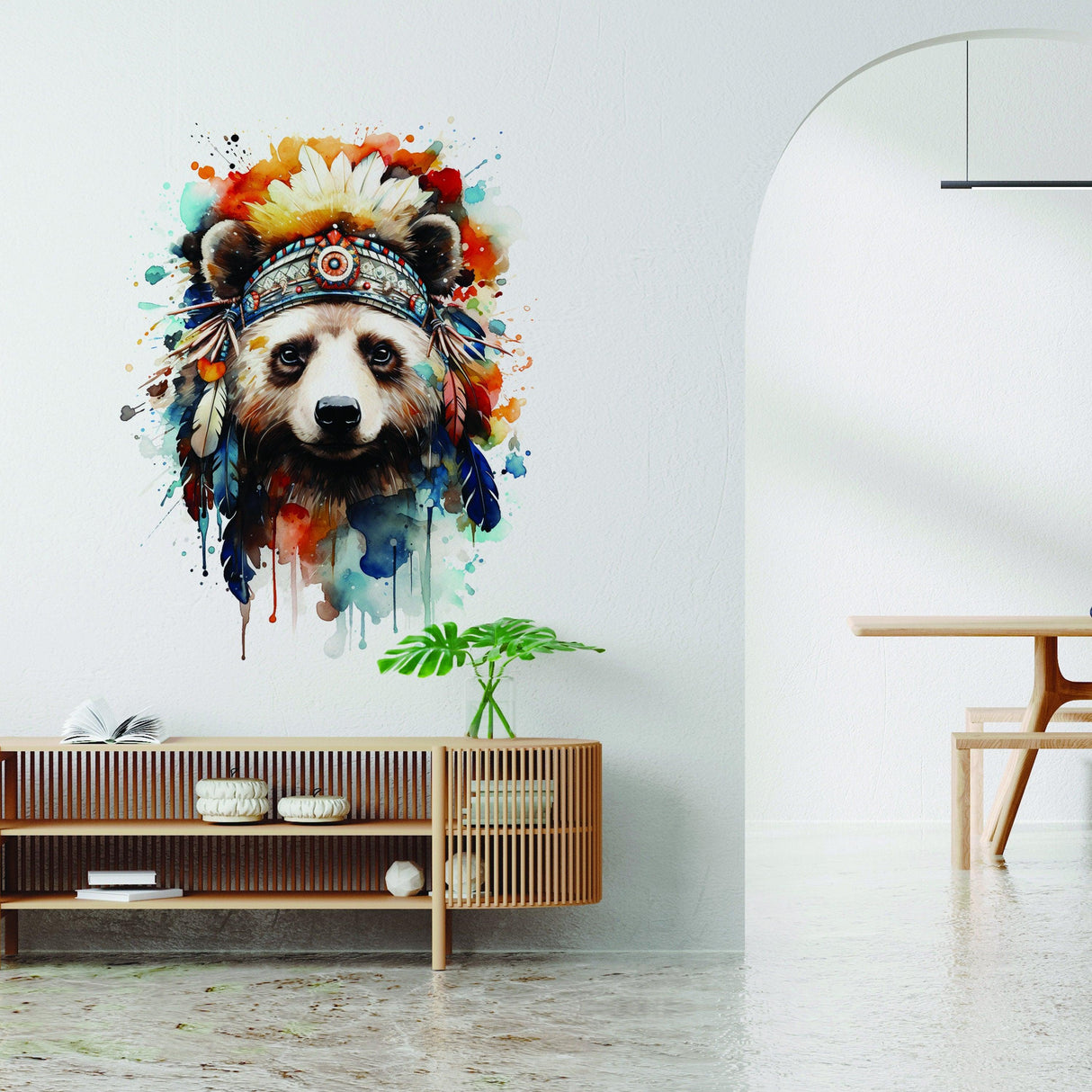 Watercolor baby panda wall decal with Indian feather hat in modern nursery decor
