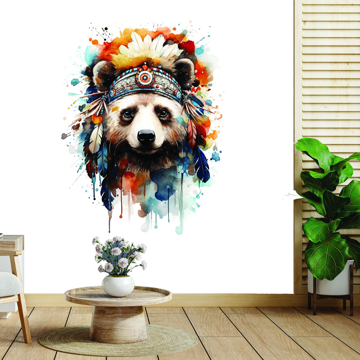 Watercolor baby panda wall art with Indian feather hat, perfect for kids' room safari decor.
