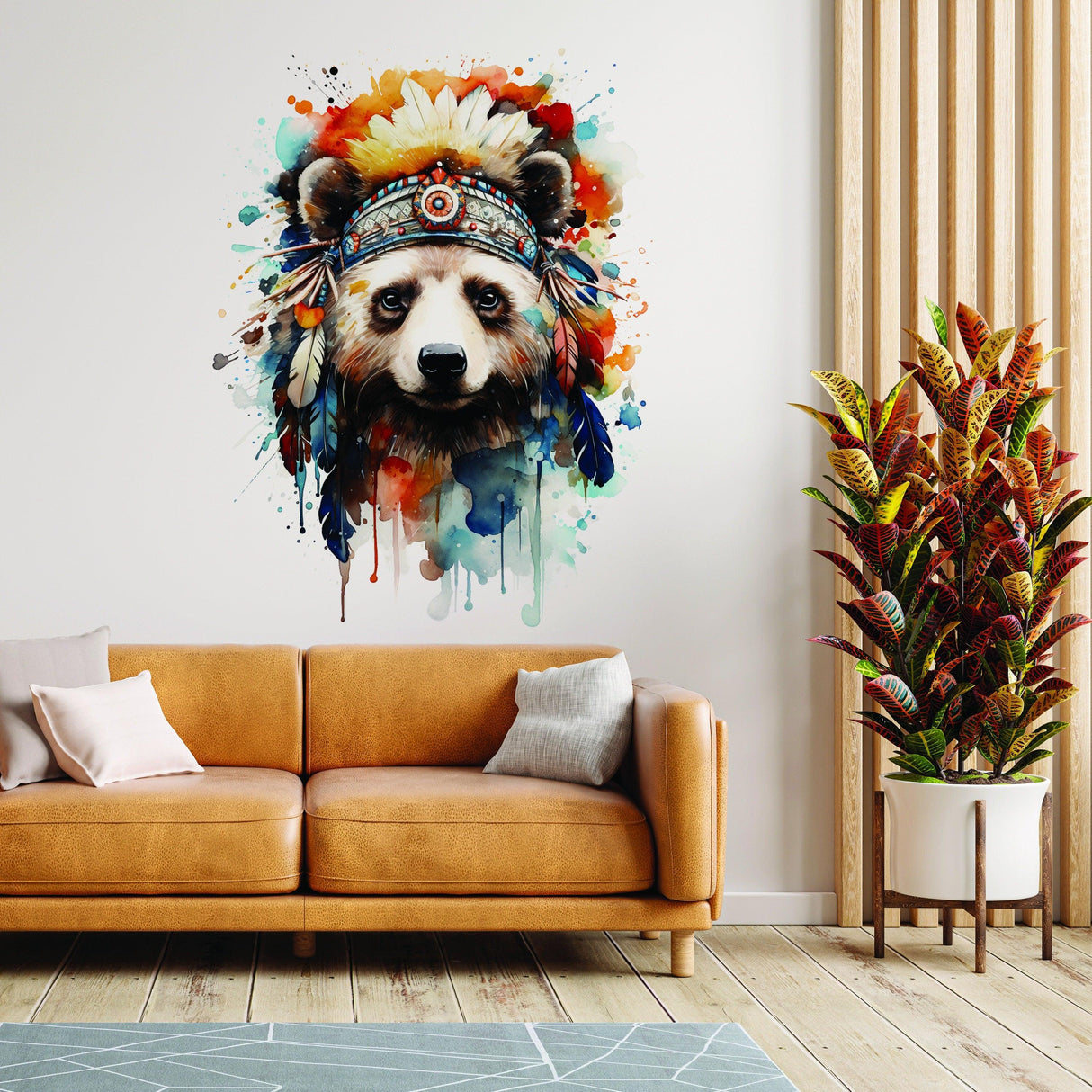 Colorful watercolor wall decal of a baby panda with Indian feather hat, perfect for kids' room decor.