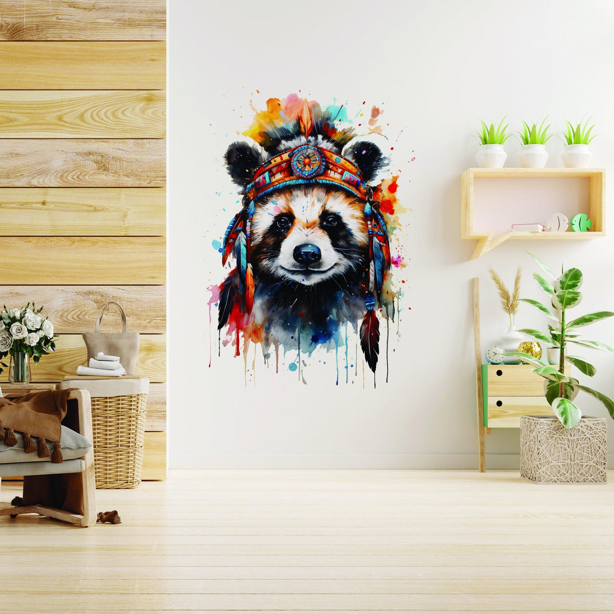 Colorful raccoon wall art with a headdress, adding whimsy to a modern nursery or children's room decor.