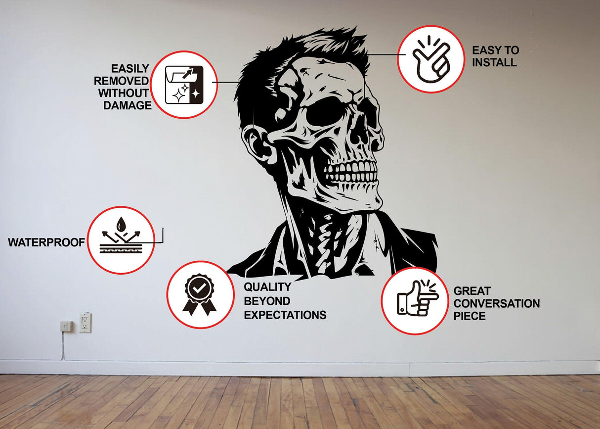 Halloween Skeleton Face Vinyl Decal of a businessman skull, showcasing features like waterproof and easy installation.
