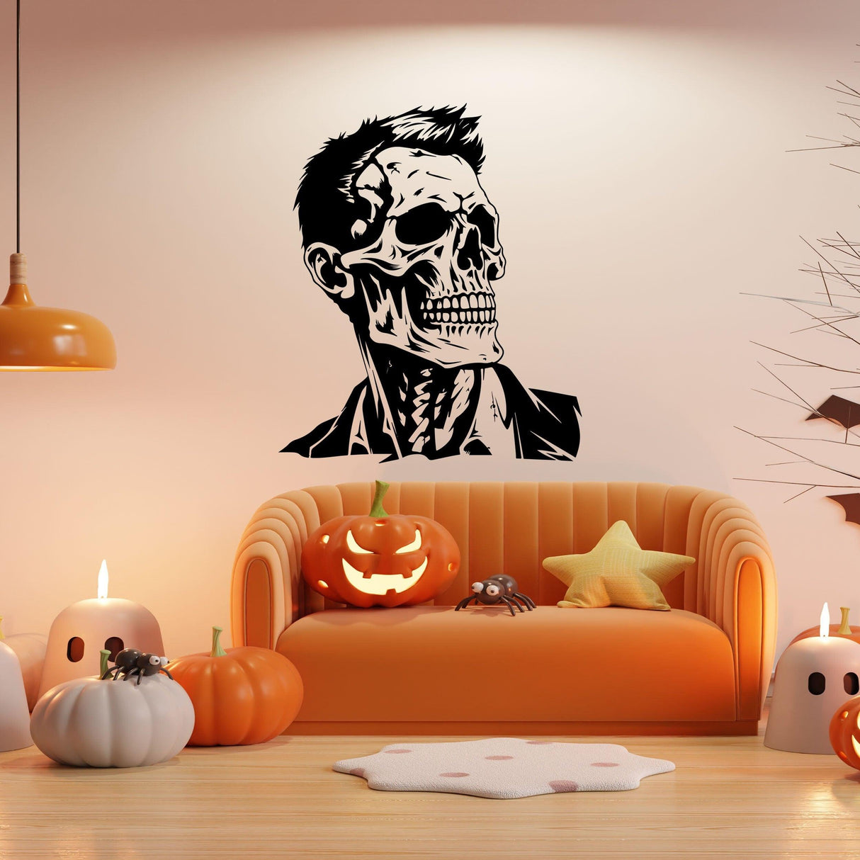 Halloween Skeleton Face Vinyl Decal of a businessman skull on a wall above a cozy couch with pumpkins.