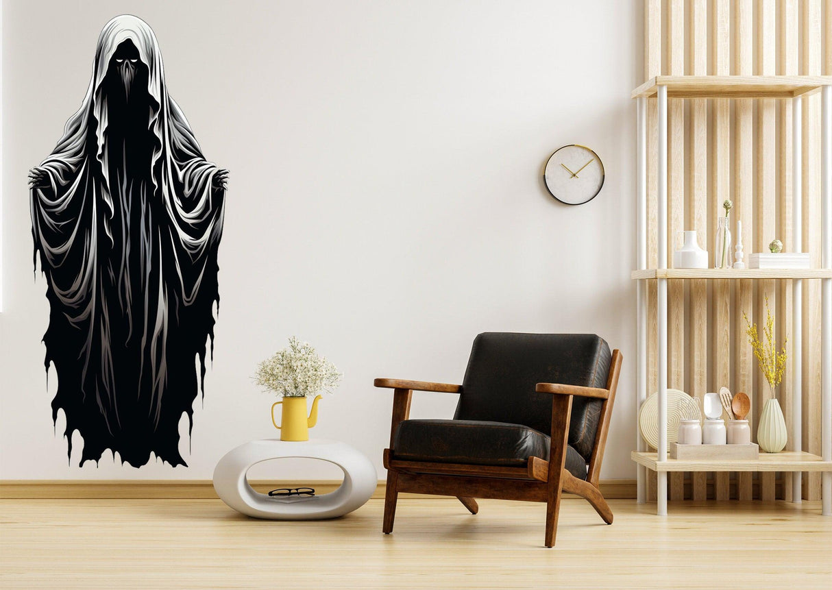 Halloween Haunting Ghoul wall art decal featuring a shadowy human monster in a modern living space.