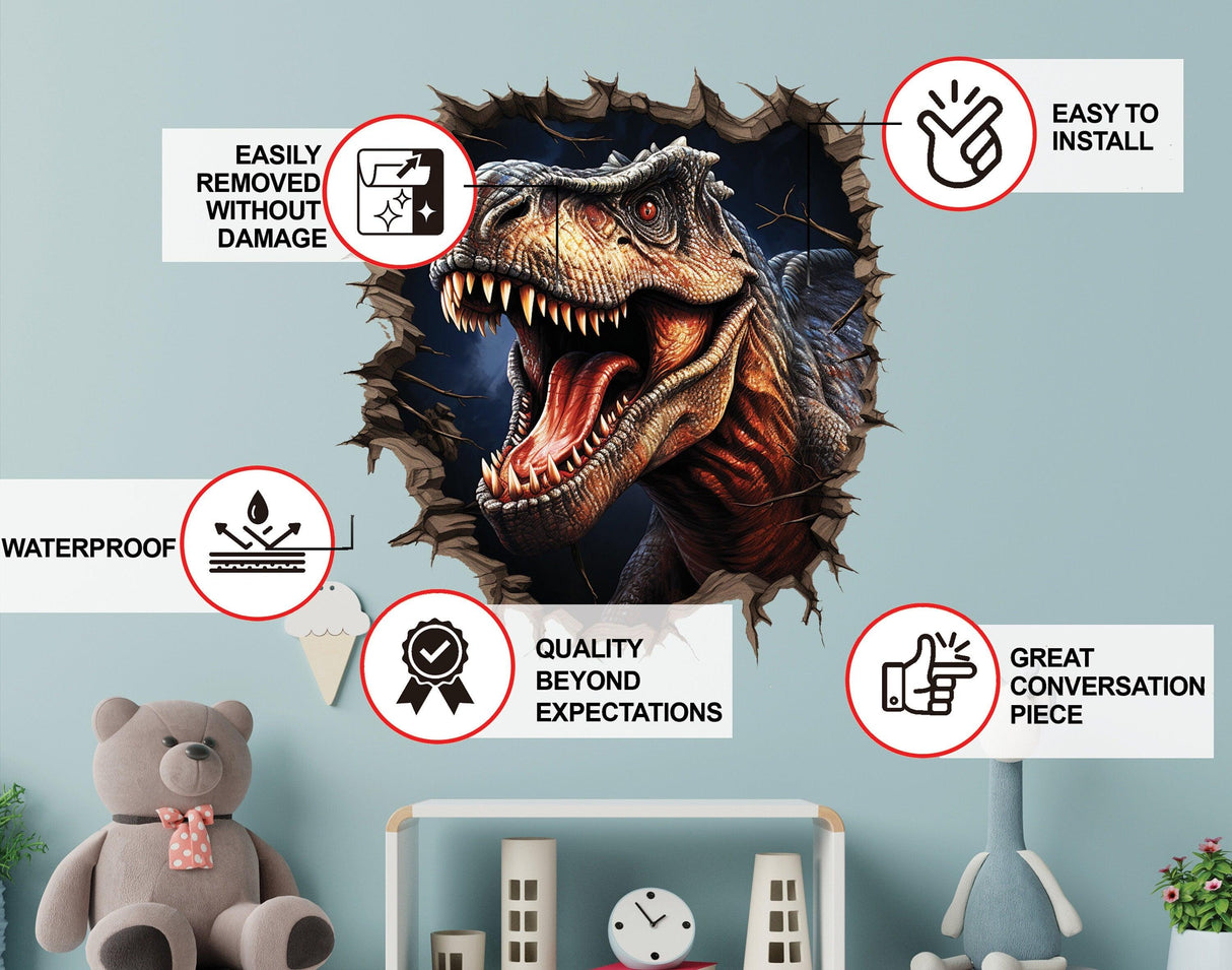 3D dinosaur wall decal with features: easy installation, waterproof, removable, and a striking porthole design.