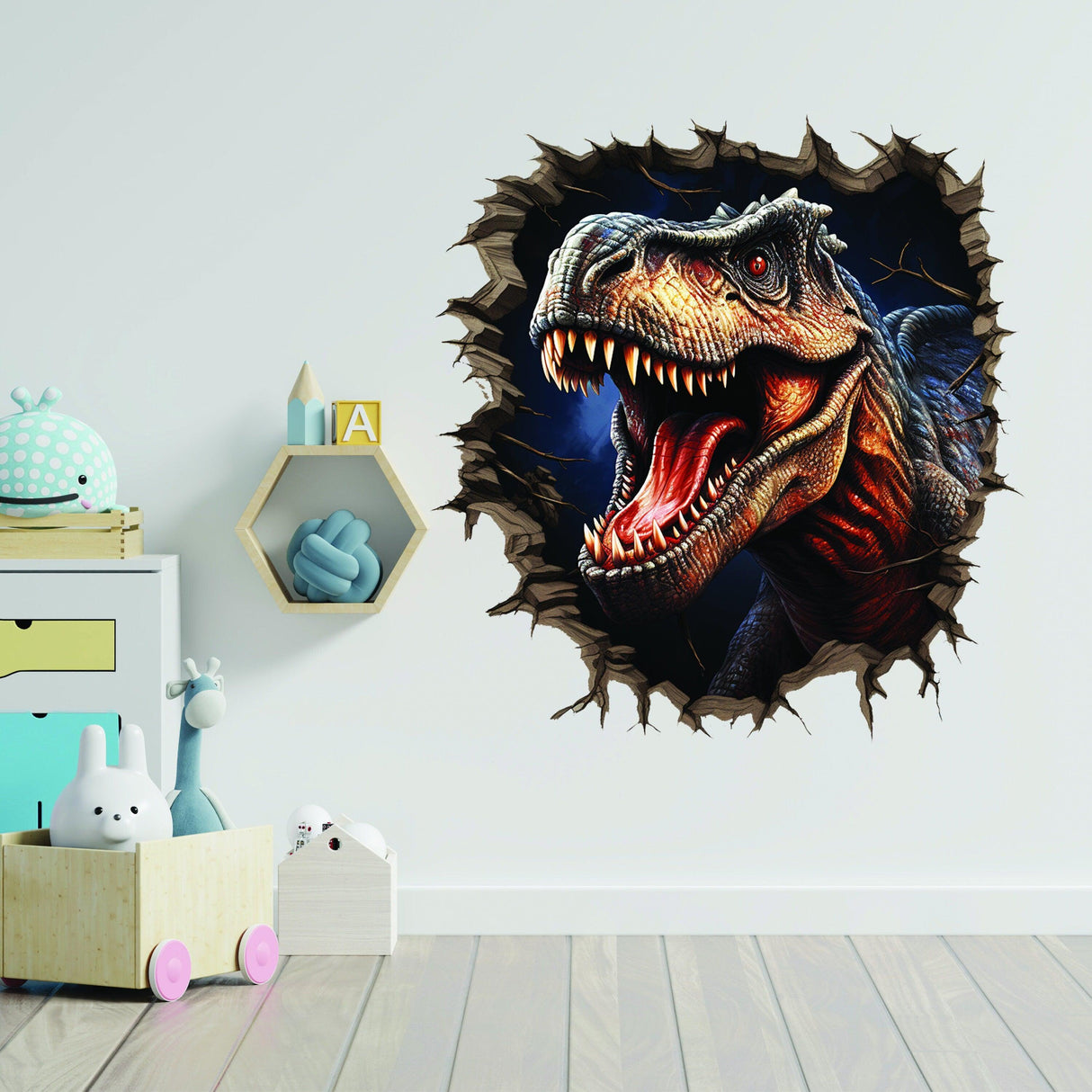 3D dinosaur wall decal featuring a roaring T-Rex breaking through a wall, ideal for children's room decor.