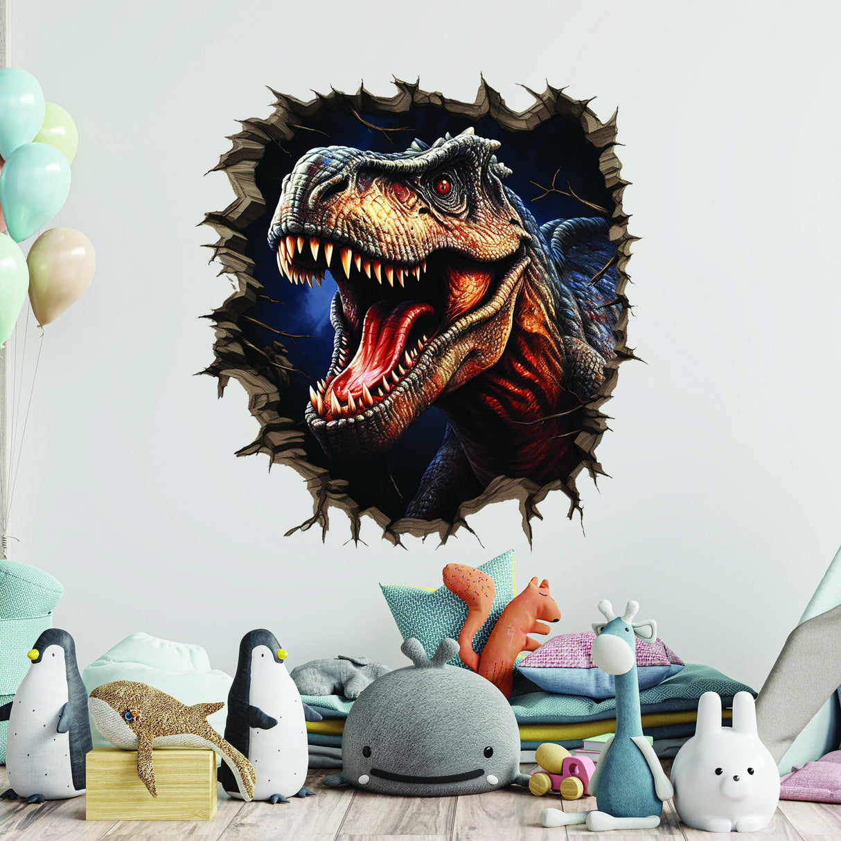 Vibrant 3D dinosaur wall decal with a cracked effect, perfect for kids' rooms and dinosaur enthusiasts.
