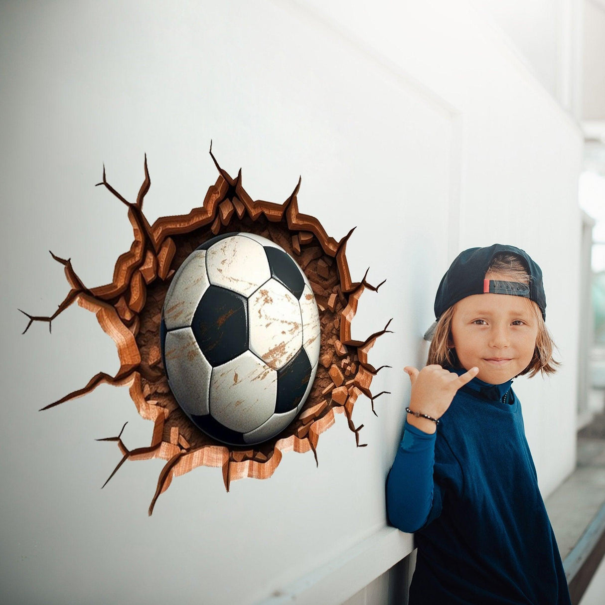 3D football wall decal bursting through wall with a smiling boy in a cap, perfect for kids' sports-themed room.