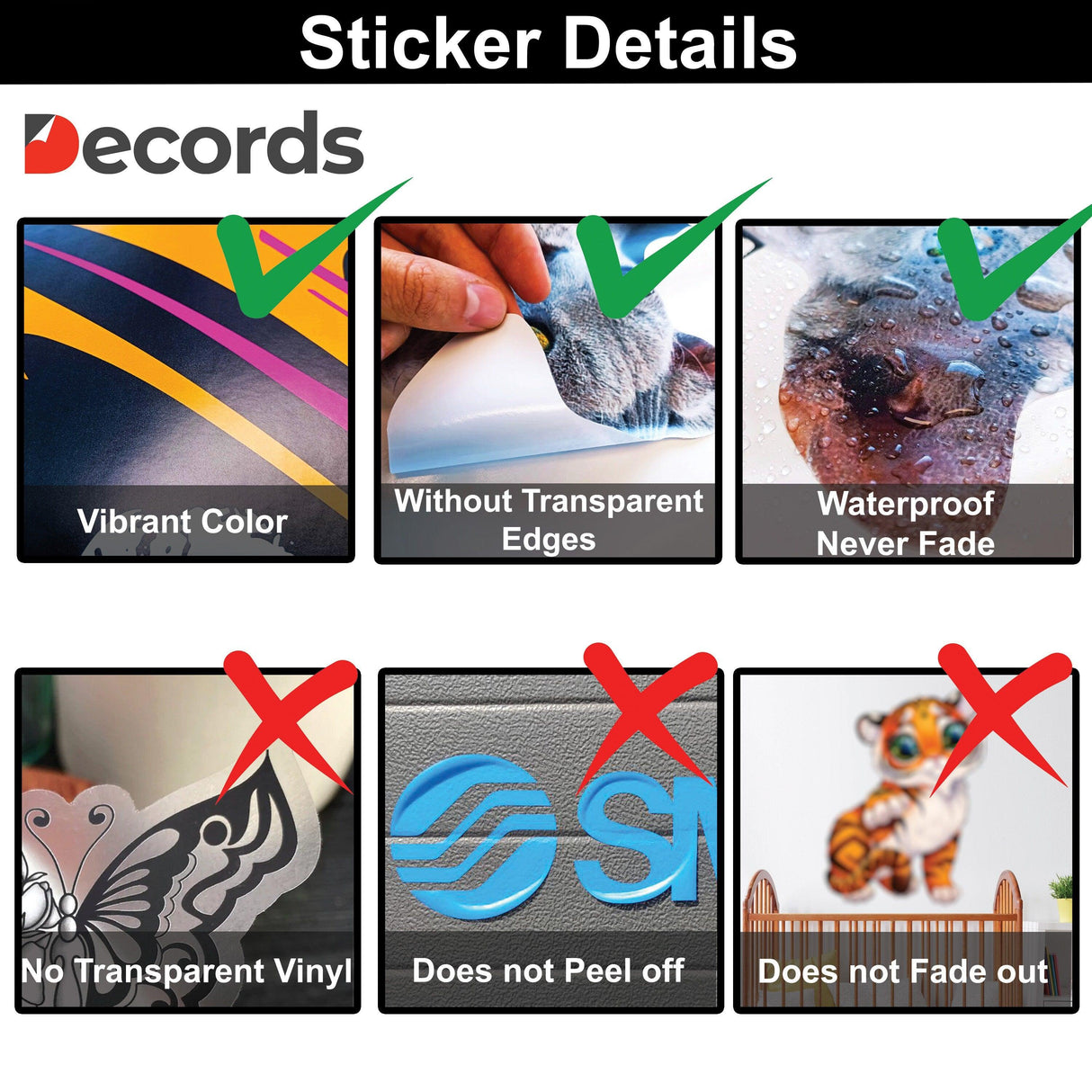 Sticker details showcasing vibrant color, waterproof features, and non-transparent edges.