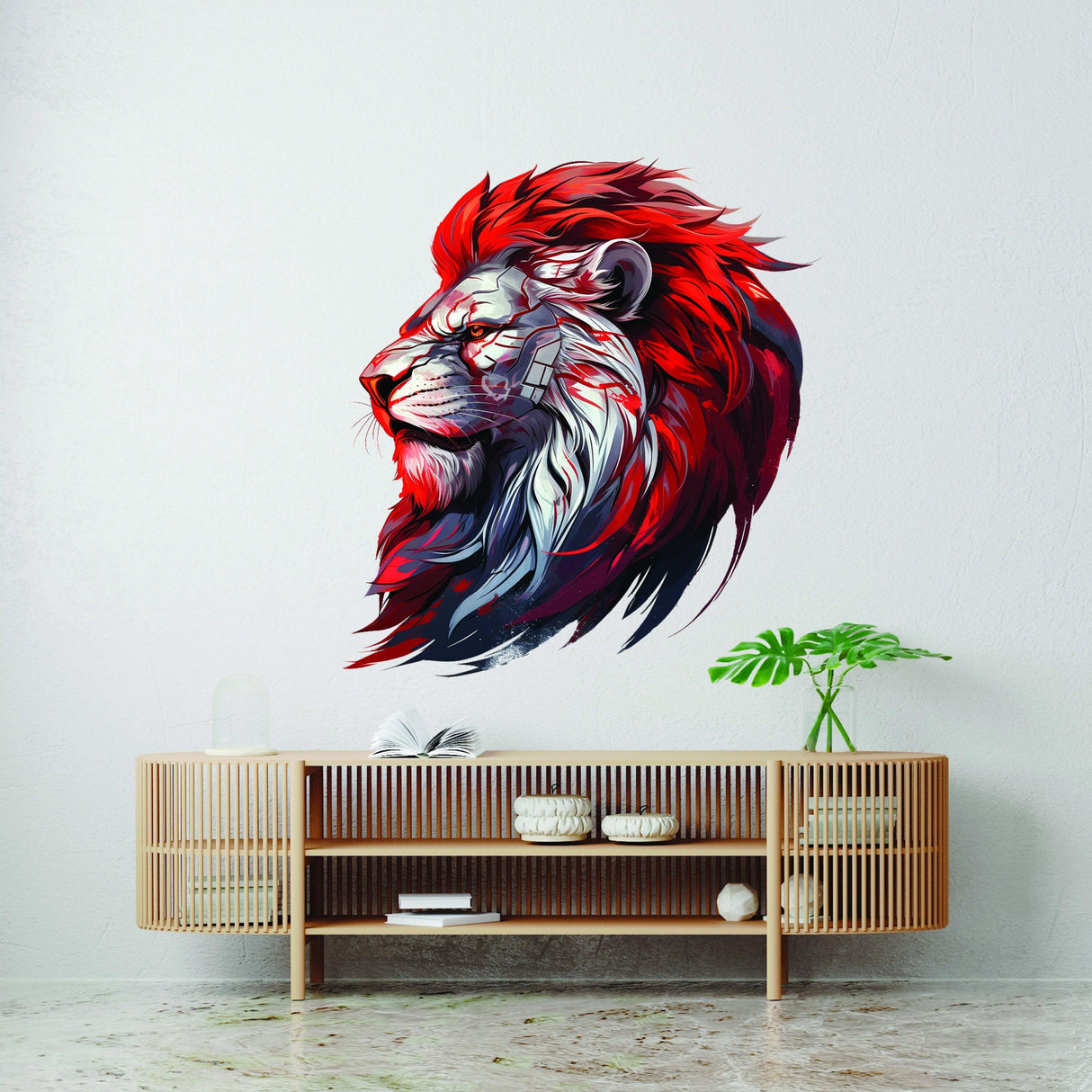 Stunning cybernetic lion head wall decal with a red mane, perfect for adding futuristic art to any space.