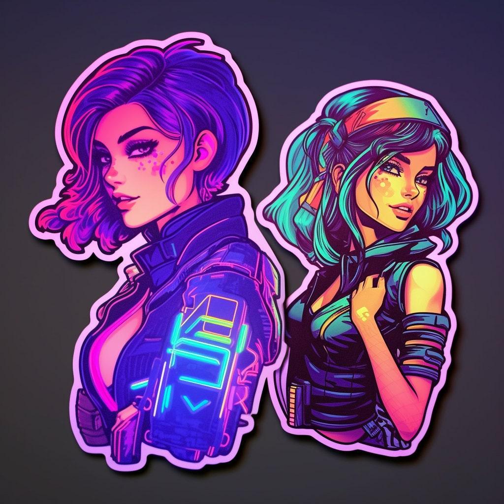 Vibrant custom holographic decals featuring two stylish characters with neon accents.