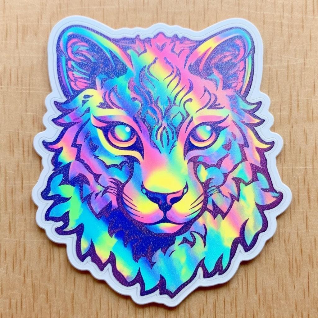 Colorful holographic cat face sticker, perfect for personalizing water bottles and wall art.