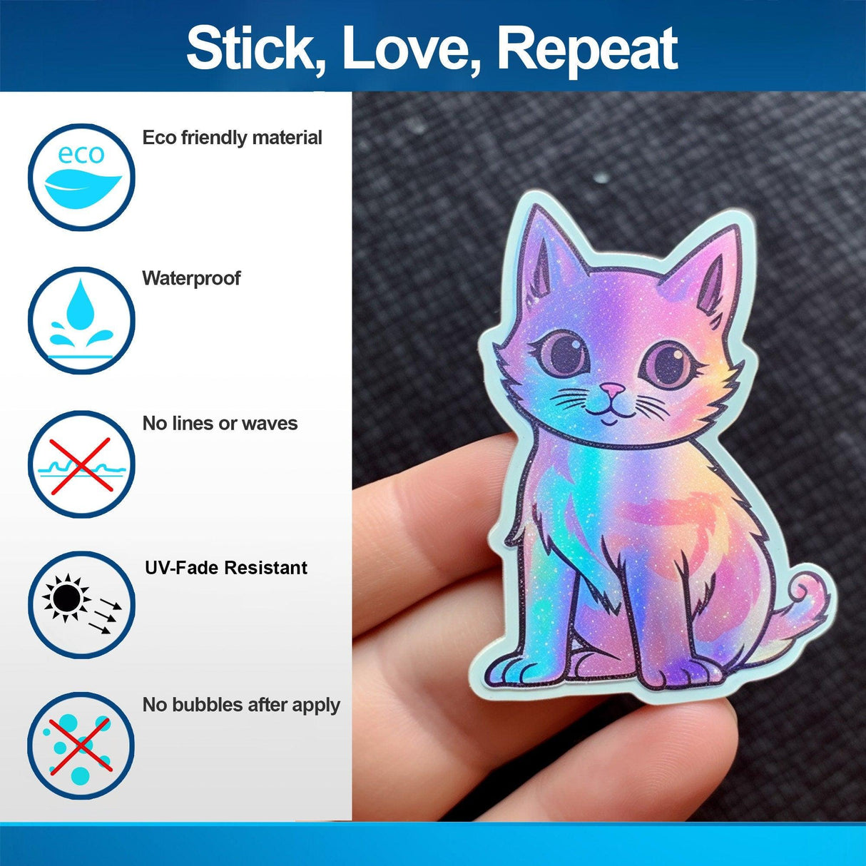 Custom holographic cat sticker showcasing eco-friendly features like waterproof and UV-fade resistant.