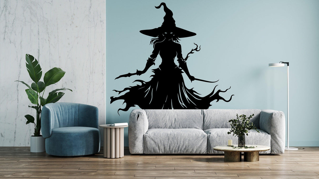 Knife-Wielding Warrior Witch Decal on a living room wall, showcasing a fierce witch in silhouette against a light blue background.